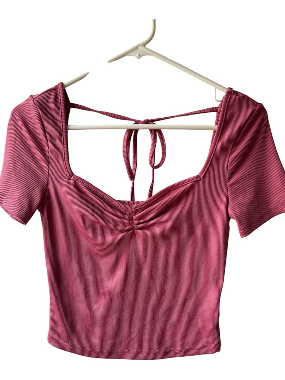 Small SHEIN Women's Ribbed Pink Square-Neck Tie-Back Top